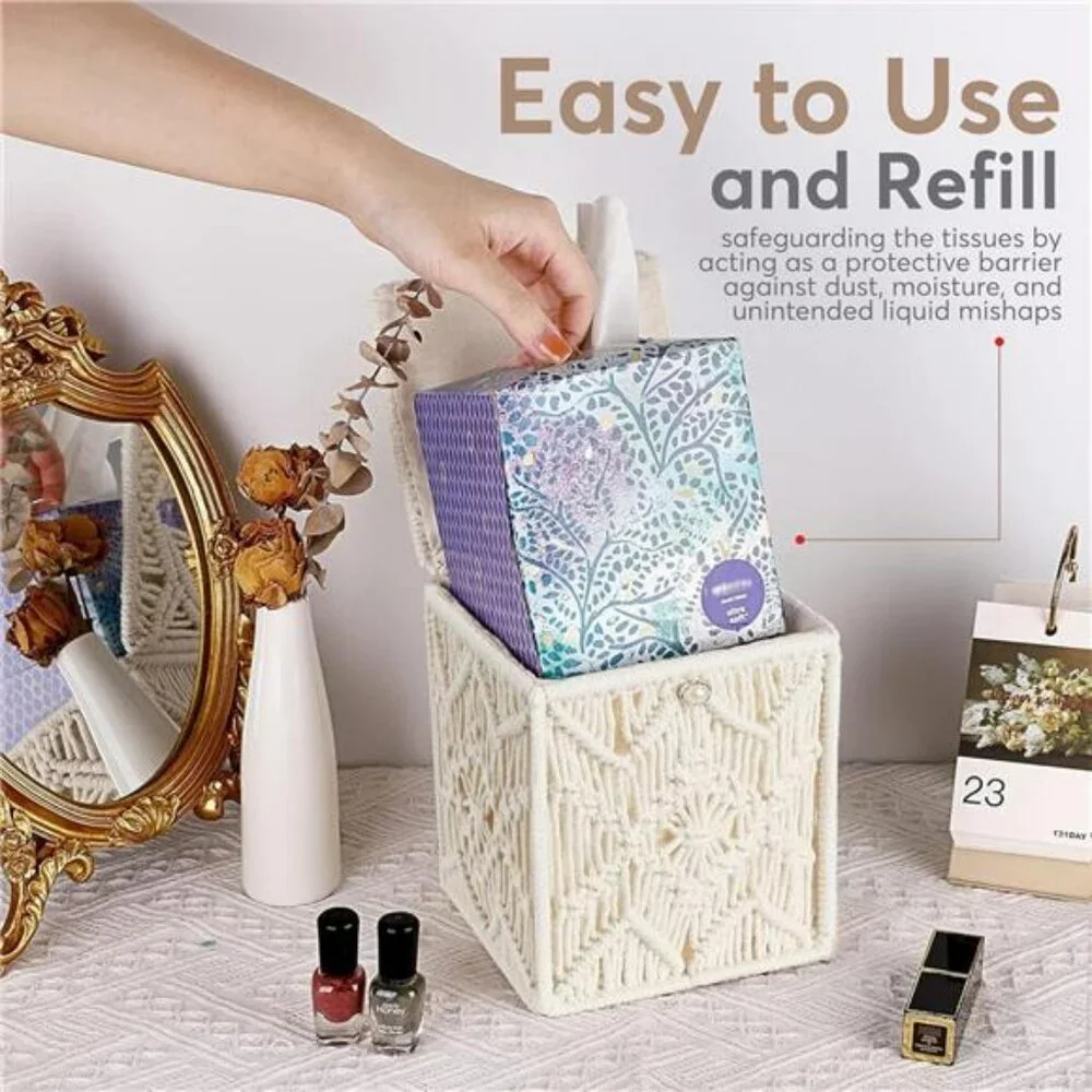 Square macrame tissue box cover woven boho tissue holder decorative home bathroo